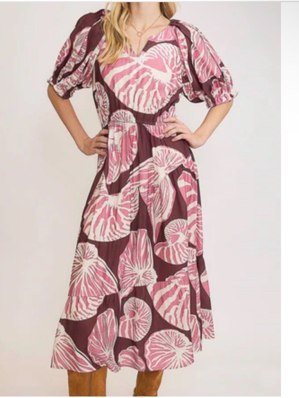 Umgee Floral Print Maxi Dress with Puff Sleeves in Plum/Mauve
